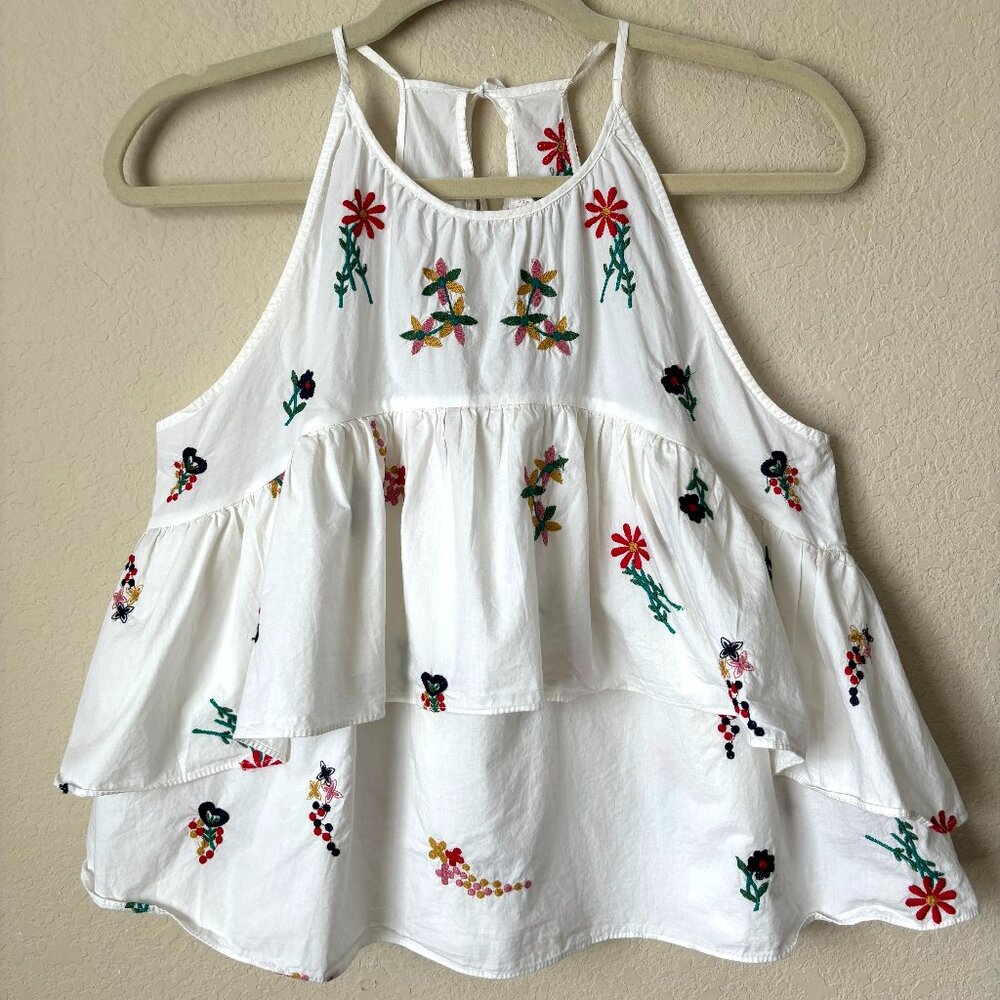 Zara White Tiered Embroidered Floral Tank Top